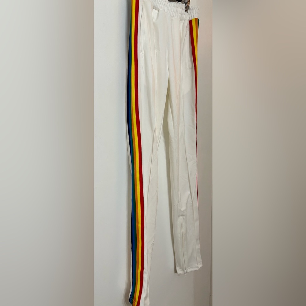 White Women Rainbow Stripe Joggers Size Small Casual Sporty Athletic Gym Workout
